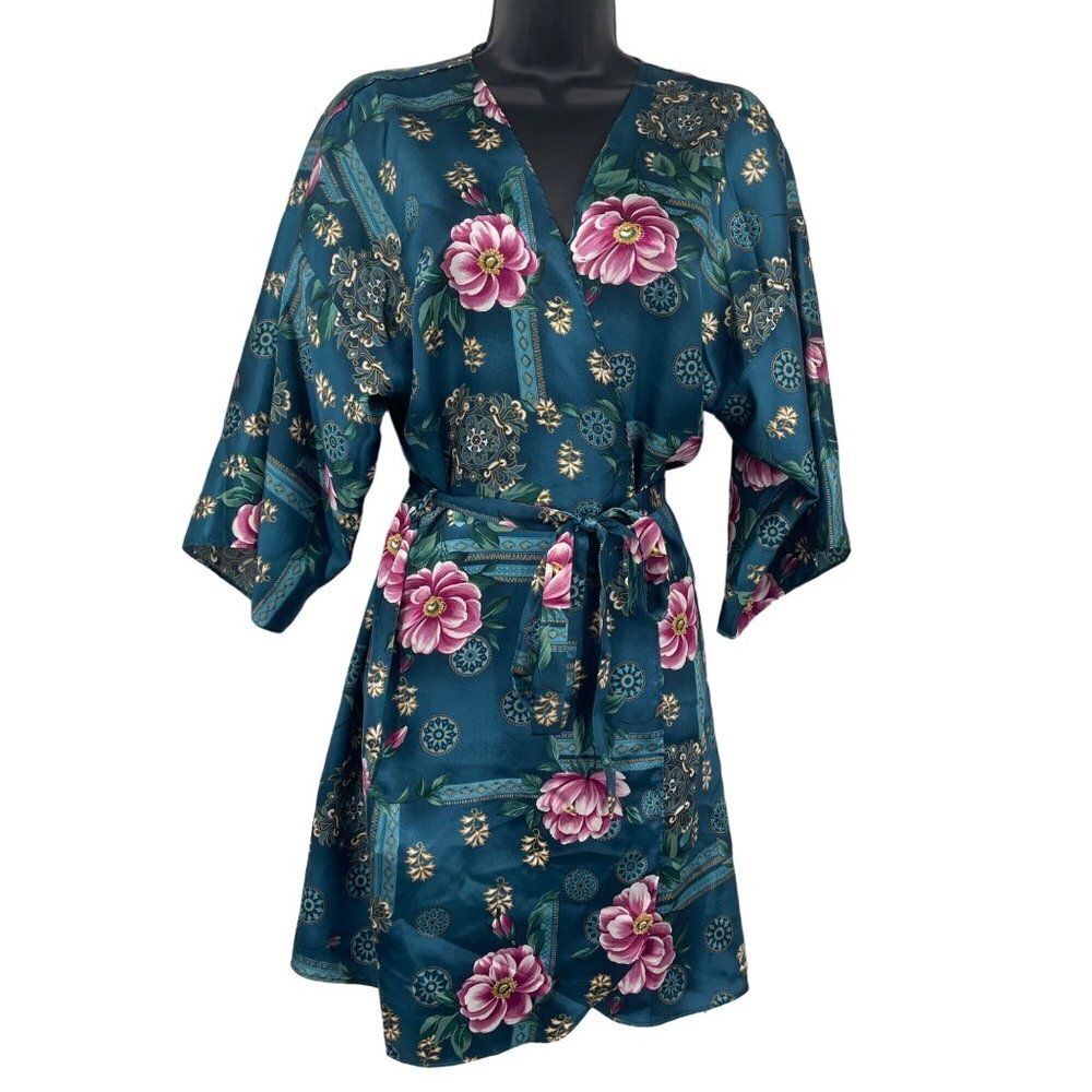 Vintage Angelique Satin Kimono Floral Robe‎ Women's M Spring Summer Short